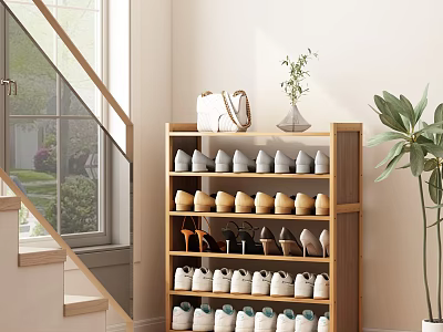 Natural Wooden Shoe Cabinet In Entryway With Layered Shelves And Various Shoes 3d model