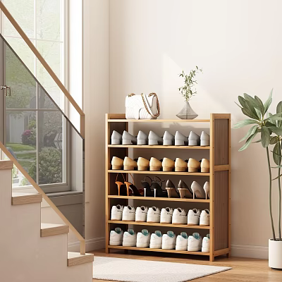 Natural Wooden Shoe Cabinet In Entryway With Layered Shelves And Various Shoes 3d model