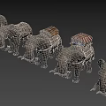 Group of Five Elephants Carrying Cargo with Traditional Saddles and Wooden Structures