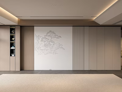 Modern Interior White Background Wall With Landscape Painting And Wooden Cabinets 3d model