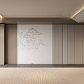 Modern Interior White Background Wall With Landscape Painting And Wooden Cabinets