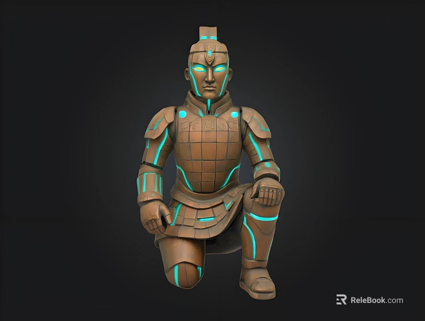 Ancient Terracotta Warrior 3D Model With Glowing Blue Lines And Armor 3d model 