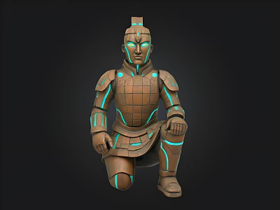 Ancient Terracotta Warrior 3D Model With Glowing Blue Lines And Armor 3d model