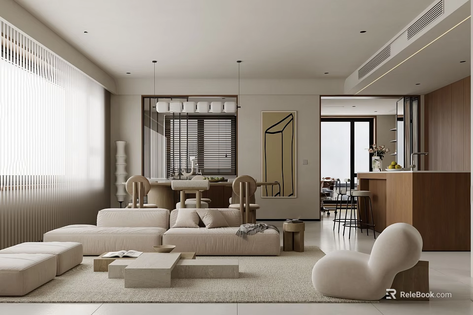 Modern Living and Dining Room Interior With Beige Sofa Coffee Table And Dining Chairs 3d model 