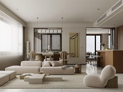 Modern Living and Dining Room Interior With Beige Sofa Coffee Table And Dining Chairs 3d model