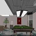 Modern Billiard Room Interior With Pool Table Hanging Light Large Windows And Decorative Rug