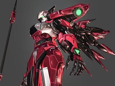 Futuristic Red And Black Mecha Design With Green Glowing Parts And Spear Weapon 3d model