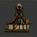 Wooden Waterfront Hut With Green Fish Sign Wooden Roof And Ropes On Platform