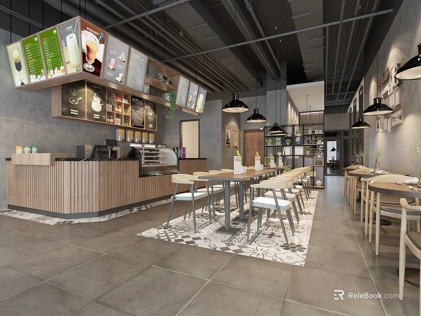 Modern Bubble Tea Shop Interior With Wooden Counter Tables Chairs And Warm Lighting 3d model 