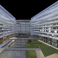 Modern Multi Story Office Building With Glass Facade Central Courtyard Greenery And Water Feature