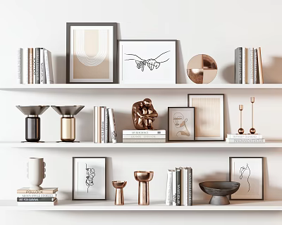 Decorative Ornaments Set For Shelf Display With Framed Pictures Books Sculpture Vases And Candle Holders 3d model