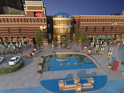 Vibrant Commercial Street Plaza With Brick Buildings Glass Dome Entrance Fountains Outdoor Seating And Trees 3d model