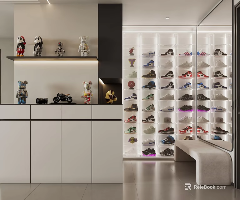 Modern Shoe Cabinet With Various Shoes And Decorative Display Shelf In Interior 3d model 