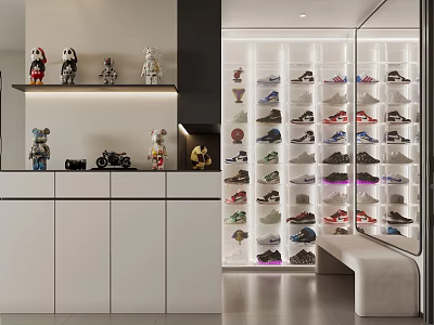 Modern Shoe Cabinet With Various Shoes And Decorative Display Shelf In Interior 3d model