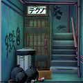 Narrow Urban Corridor With Teal Walls Graffiti Trash Can Garbage Bags Staircase And Techno Sign