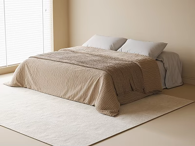 Double bed with beige striped blanket and white pillows on soft beige rug near window 3d model