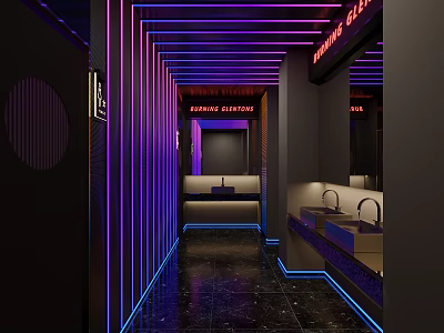 Public Restroom Corridor With Purple And Blue Neon Lights Mirrors Washbasins And Black Marble Floor 3d model