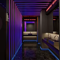Public Restroom Corridor With Purple And Blue Neon Lights Mirrors Washbasins And Black Marble Floor