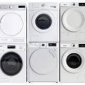 Multiple White Washing Machines With Various Designs And Control Features On