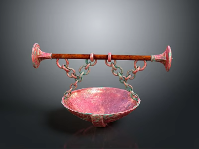 Copper Tea Set with Hanging Bowl Design Horn Shaped Ends Wooden Handle and Chains 3d model