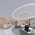 Elegant Modern Office Reception Counter With Warm Wooden Decor And Spacious Comfortable Guest Lounge Area