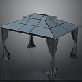 Outdoor Square Pavilion With Blue Glass Roof And Curtain Draped Pillars