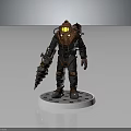 Mechanical Sci Fi Character With Glowing Yellow Eyes Armor And Drill Weapon On Circular Base 3d model
