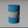 Blue Metal Barrel With White Horizontal Stripe And Worn Texture On Smooth Surface