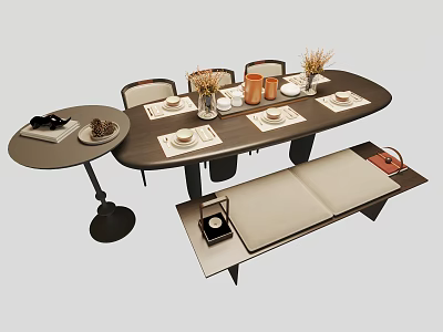 Modern Dining Table Set With Wooden Table Chairs Table Mats And Decorative Vases 3d model