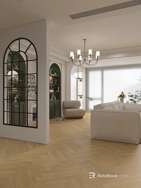 Elegant Living Room Interior With Arched Glass Door Green Cabinets Beige Sofa Armchair And Chandelier 3d model 