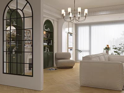 Elegant Living Room Interior With Arched Glass Door Green Cabinets Beige Sofa Armchair And Chandelier 3d model