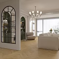 Elegant Living Room Interior With Arched Glass Door Green Cabinets Beige Sofa Armchair And Chandelier