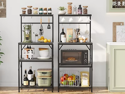 Kitchen Multi Tier Metal Shelf Organizer With Microwave Fruits Jars And Bottles 3d model