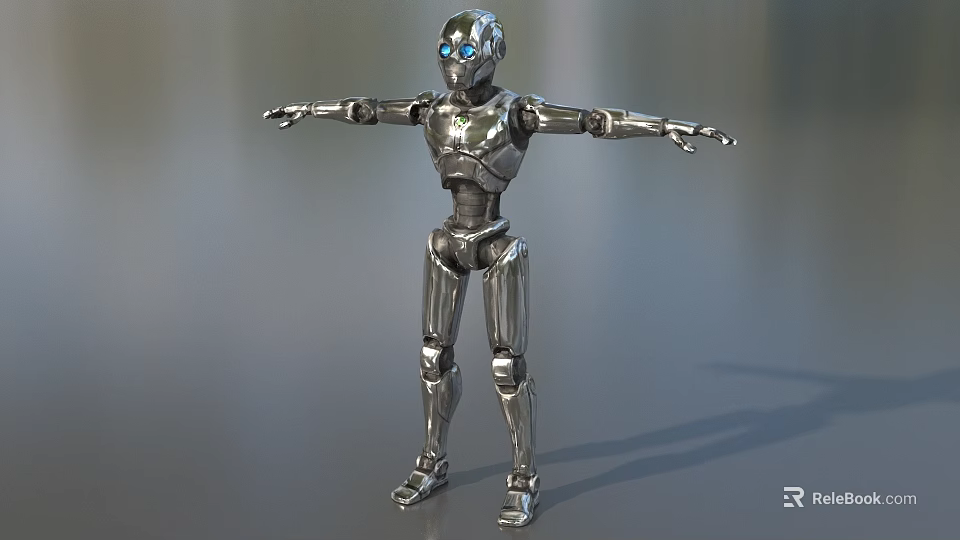 Game Movie Robotic Character With Silver Mechanical Body Blue Eyes And Outstretched Arms 3d model 