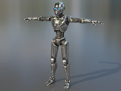 Game Movie Robotic Character With Silver Mechanical Body Blue Eyes And Outstretched Arms 3d model