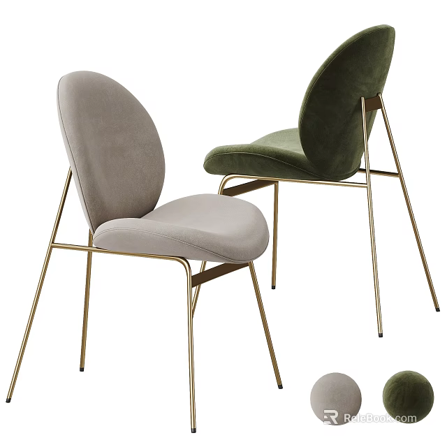 Modern Minimalist Single Chair With Light Gray Dark Green Velvet Upholstery And Gold Metal Legs 3d model 