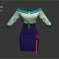 Stylish Off the Shoulder White Blue Dress With Blue Collar Cuff Patterns And Red Accents