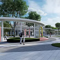 Urban Park Landscape with Green Roof Buildings Circular Design Curved Walkways and Trees