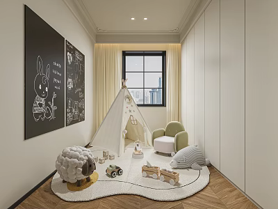 Modern Kids Bedroom Interior With Blackboard Wall White Teepee Tent Green Chair And Plush Toys 3d model