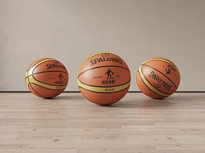 Three Spalding Orange Basketballs With Black Stripes On Wooden Floor Against Beige Wall 3d model
