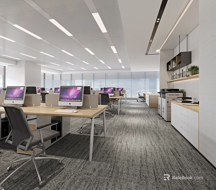 Modern Office Interior With Desks Computers Chairs Natural Light And Cabinets 3d model