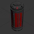 Cylindrical Military Weapon With Red Stripes And Black Metal Construction
