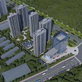 Modern High Rise Office Building Complex With Green Surroundings Parking Area And Roads