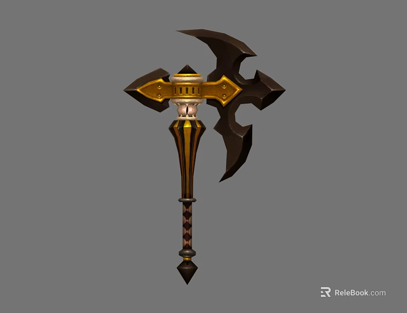 Ornate Double Bladed Axe Weapon With Golden Decor And Illuminated Center 3d model 