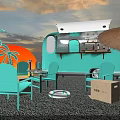 Light Blue Outdoor Table with Chairs Near Camping Food Truck Palm Trees Sunset