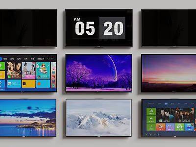 Multiple Televisions Displaying Time App Interfaces And Scenic Landscapes 3d model