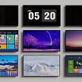 Multiple Televisions Displaying Time App Interfaces And Scenic Landscapes