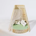 Modern Outdoor Chair with Conical Structure Green Cushion White Pillows and Transparent Curtains