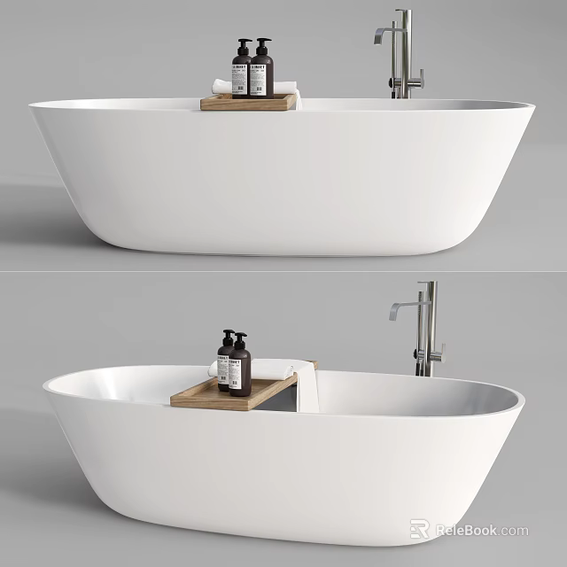White Freestanding Bathtub With Wooden Tray Toiletries And Chrome Faucet 3d model 