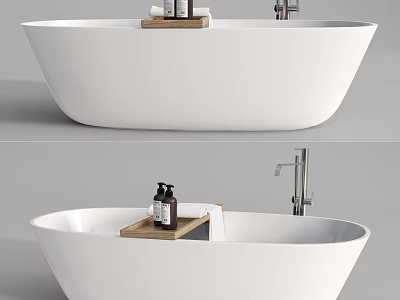 White Freestanding Bathtub With Wooden Tray Toiletries And Chrome Faucet 3d model
